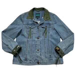 VTG Southwestern Green Suede Collar Animal Patch Denim Jacket M